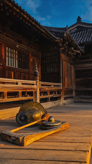 Old wooden Buddhist temple hall at dusk with a small bronze gong and mallet in the foreground, weathered timber texture, calm historic atmosphere, soft fading light