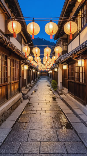 Night street in Gujo-Hachiman old castle town, clear water channel beside stone pavement, rows of festival lanterns glowing, wooden machiya facades, inviting summer atmosphere