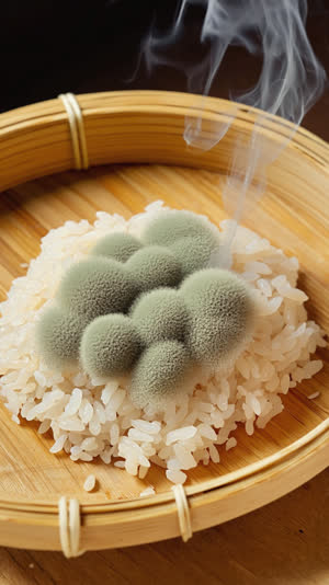 Cluster of rice koji grains bound together by white mycelium resting on dark cloth, downy texture, macro detail, soft directional light