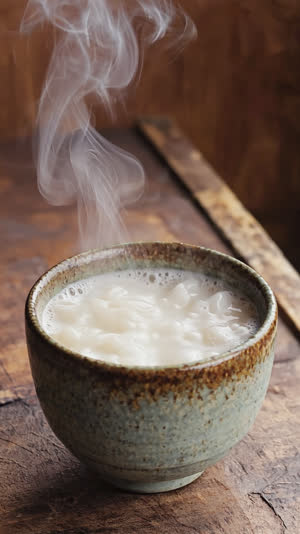 Cup of cloudy warm amazake with visible rice particles, steam curling above, rustic ceramic cup on a wooden counter, cozy warm light