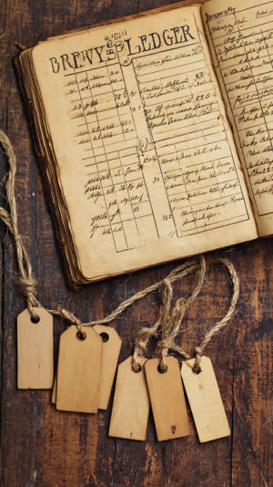 Old brewery record book with handwritten columns of numbers and wooden tags hanging nearby, aged paper texture, dim warm light