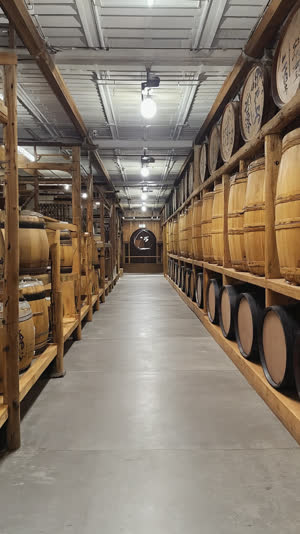 Interior hall of a sake brewery museum in Nada Kobe, rows of huge wooden barrels and old brewing tools on display, quiet museum lighting