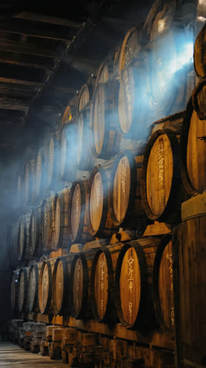 Rows of towering wooden soy sauce barrels in a dark brewery, high ceiling beams, weathered cedar staves, shafts of dusty light