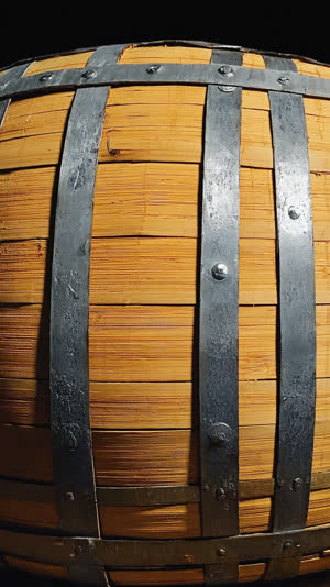 Close-up of a cedar barrel's exterior, vertical wood grain and thick woven bamboo hoops, aged patina, side lighting