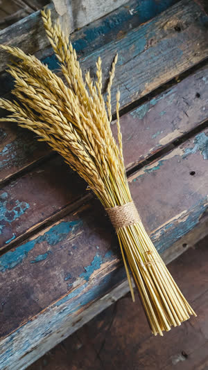 Bundles of harvested rice straw standing in an empty autumn paddy field, golden hour light glowing through the stalks, distant hills, nostalgic rural Japan