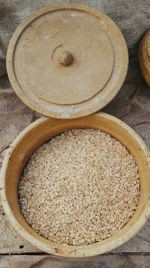 Three small dishes on dark wood holding rice bran, coarse sea salt and clear water, flat lay composition, crisp macro texture of each ingredient, soft even light