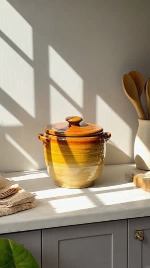 Ceramic pickling crock on a kitchen counter in bright summer light, hard shadows from a window, cicada-season heat implied, everyday Japanese home setting