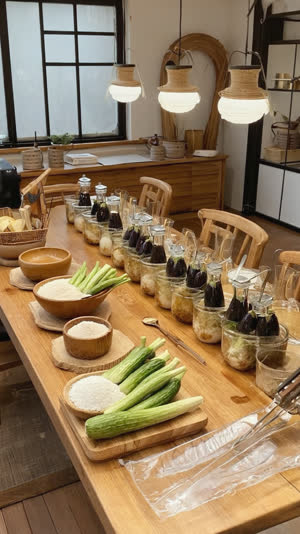 Workshop table set for a pickle-making class, bowls of rice bran, fresh vegetables and small containers laid out neatly, bright Kyoto shop interior, inviting light