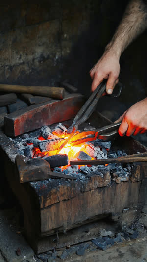 Swordsmith's hands gripping tongs that hold glowing orange steel at a charcoal forge, dark smithy, ember light on worn tools