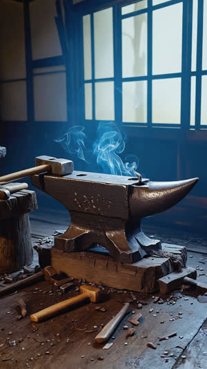 Weathered anvil and worn hammers in a traditional Japanese smithy, dents and patina from decades of use, thin smoke in quiet dawn light