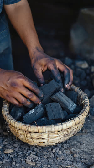 Close-up of soot-dusted hands sorting pine charcoal into a woven basket in a dim forge, humble repetitive labor, warm low light