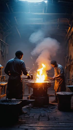 Wide view of a traditional forging hall, smiths as backlit silhouettes from behind striking glowing steel, sparks and smoke in lantern light