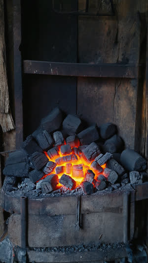 Charcoal forge glowing in a dark workshop beside stacked charcoal and soot-blackened wooden walls, sense of long labor and passing days, cinematic light