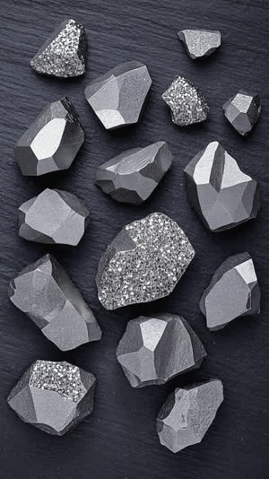 Overhead arrangement of tamahagane steel fragments on dark slate, dull silver surfaces against glittering facets, jewel-like highlights, precise studio light