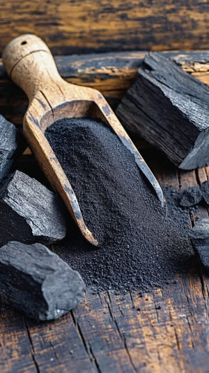 Still life of black iron sand in a wooden scoop beside chunks of pine charcoal on rough timber, raw materials, moody workshop light, macro detail