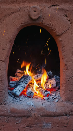 First flames catching on charcoal in darkness, small fire growing at the mouth of a clay furnace, sparks drifting upward, rekindling mood