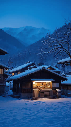 Snow-dusted mountain village in Okuizumo, dark timber workshop with faint warm glow from within, cold blue winter dusk, quiet rural Japan