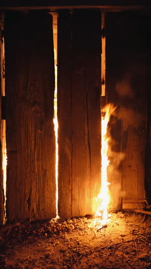 Warm firelight leaking through gaps between dark wooden wall planks at night, glowing seams in blackness, unseen furnace within, mysterious atmosphere