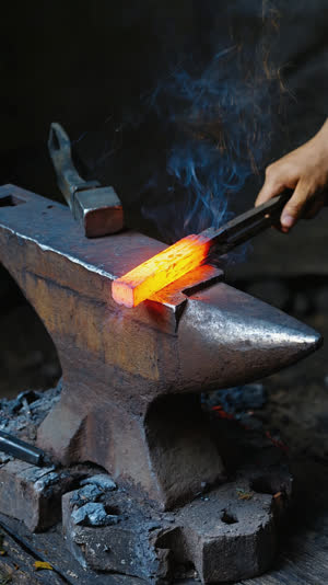 Glowing orange steel billet being notched and folded over on an anvil, blacksmith tongs and hammer at frame edge, dark forge