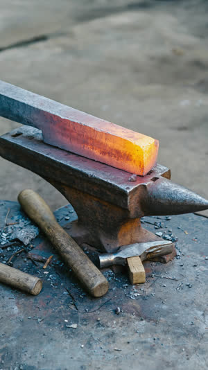 Cooling forged steel bar resting on an anvil beside a laid-down hammer, fading ember glow, quiet aftermath of labor, contemplative still life