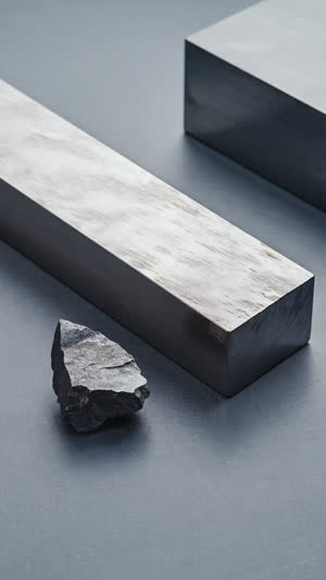 Smooth dense forged steel bar beside a rough raw tamahagane fragment, before-and-after contrast, cool metallic tones, studio macro