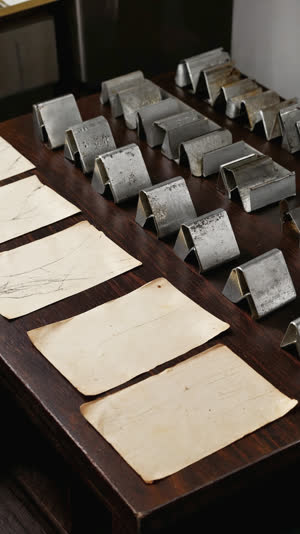 Overhead still life with small folded steel samples in sharp focus on a dark desk, blank aged papers with faint pencil sketch lines beside them softly out of focus, archival…
