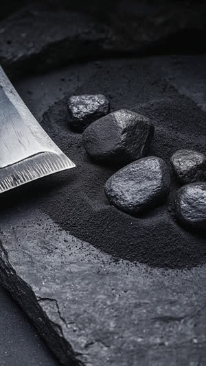 Black iron sand scattered beside a gleaming polished blade section on dark stone, origin and result in one frame, poetic contrast, low key light