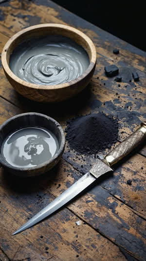 Still life of grey clay paste in a bowl, black charcoal powder, and a water basin beside a sword blade, workshop materials, moody low light