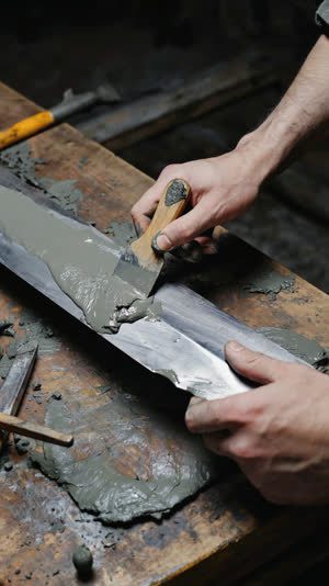 Hands applying grey clay slurry to a raw sword blade with a wooden spatula, visible thickness variation, workbench in dim forge