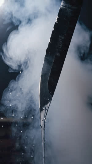 Steaming blade lifted from quenching water, droplets streaming off dark steel, thin mist curling in cold air, aftermath of transformation