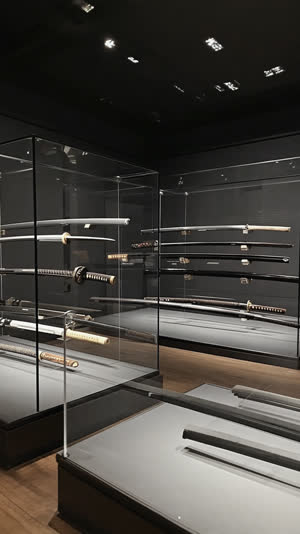 Museum gallery with several katana in glass cases, each blade showing a differently shaped white hamon, dark elegant exhibition lighting
