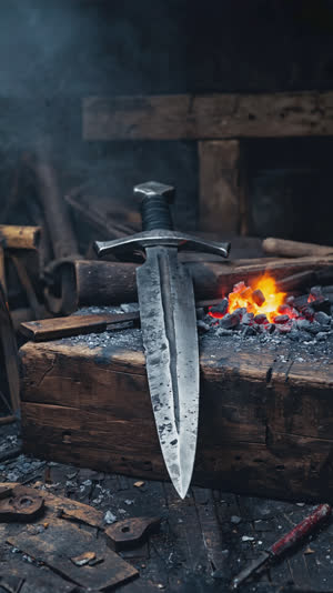 Roughly forged sword blade resting near a dim forge, raw grey unfinished steel, faint ember glow in the background, moody workshop atmosphere