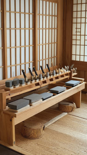 Traditional Japanese sword polishing workshop, wooden polishing stand, rows of whetstones and a water bucket, quiet morning light through shoji paper screens, orderly craft…