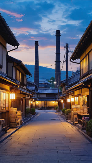 Small Japanese blade-making town streetscape at dusk, workshop buildings and factory chimneys, warm window lights, cool evening sky, quiet street