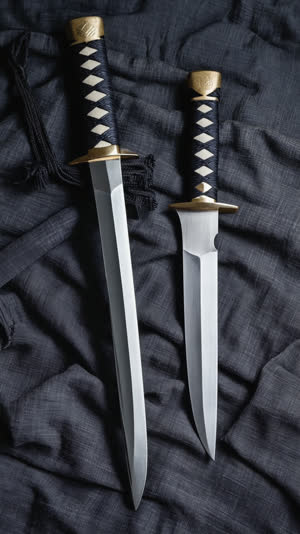 A katana blade and a Japanese kitchen knife laid side by side on dark fabric, the same steel lineage visible in both, overhead composition, quiet dramatic light