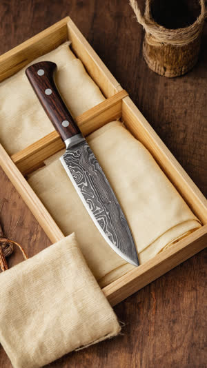 Seki kitchen knife resting in a paulownia wood gift box with folded cloth, elegant packaging, warm soft light, sense of heirloom craftsmanship