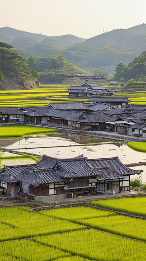Traditional Japanese sword village in rural Okayama, tiled-roof workshop halls among rice fields and gentle hills, soft morning light, wide establishing shot