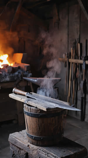 Newly forged blade resting near a wooden water bucket in a quiet smithy, thin steam rising, dim warm light, contemplative stillness