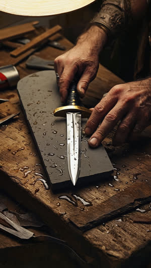 Craftsman's hands polishing a sword blade on a whetstone inside a workshop, water droplets on stone, focused warm light