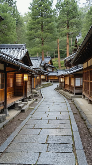 Stone walkway through a traditional Japanese craft village, pine trees and tiled-roof workshop buildings on both sides, welcoming soft daylight, rural greenery, no gate, no plaques
