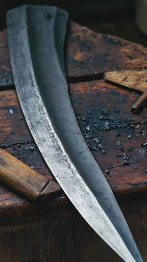 Close-up of the middle section of a freshly forged curved steel blade on a dark wooden workbench, both ends out of frame, dark grey steel with rough forge scale texture, dim…
