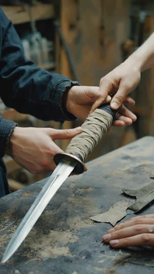 Close-up of hands in dark work clothes passing a cloth-wrapped sword blade to another pair of hands, respectful gesture, soft workshop light, shallow depth of field, faces not…