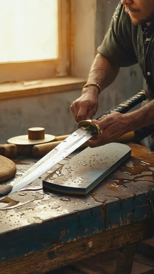 Hands of a craftsman polishing a Japanese sword blade on a large flat whetstone, water sheen on stone, concentrated workshop scene from the side, warm natural light from a…