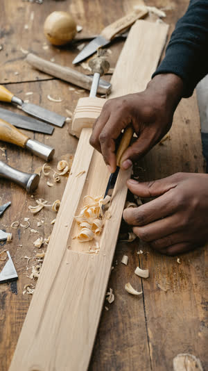 Hands carving the inside of a pale magnolia wood sword scabbard with a small Japanese knife, fine wood shavings curling off, workshop bench with hand tools, soft daylight, face…