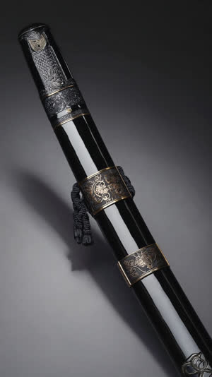 Glossy black lacquered Japanese sword scabbard with ornate metal fittings, deep reflective urushi lacquer surface, elegant details catching light, dark studio background