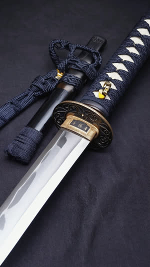 Complete Japanese katana with polished blade, lacquered scabbard and silk-wrapped hilt displayed on dark fabric, overhead composition, museum-quality presentation, every…
