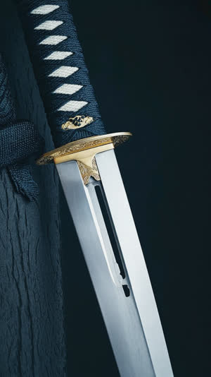 Japanese sword blade catching a line of light along its hamon temper pattern, serene dark background, contemplative final shot, cinematic macro detail
