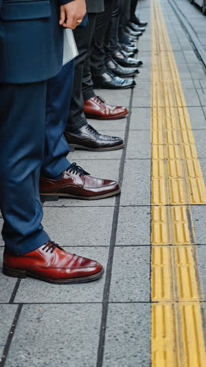 Neat double queue of commuters seen from behind on a Tokyo platform, focus on shoes and painted floor markings, soft morning light, no visible faces