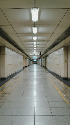 Quiet empty Japanese station corridor with clean walls and almost no warning signs, symbolic minimalism, soft even light