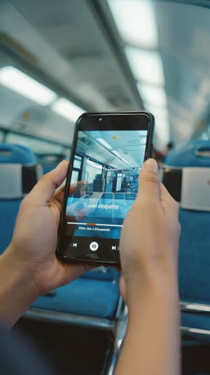 Hands holding a smartphone playing a travel etiquette video, screen glow on fingers, blurred train interior behind
